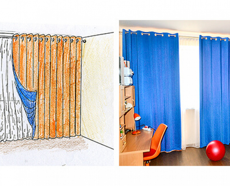 Эскиз двусторонних штор оранжево-голубого цвета для детской