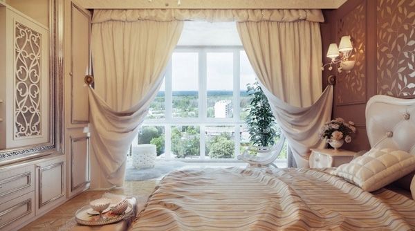 Светлые плотные шторы в спальне