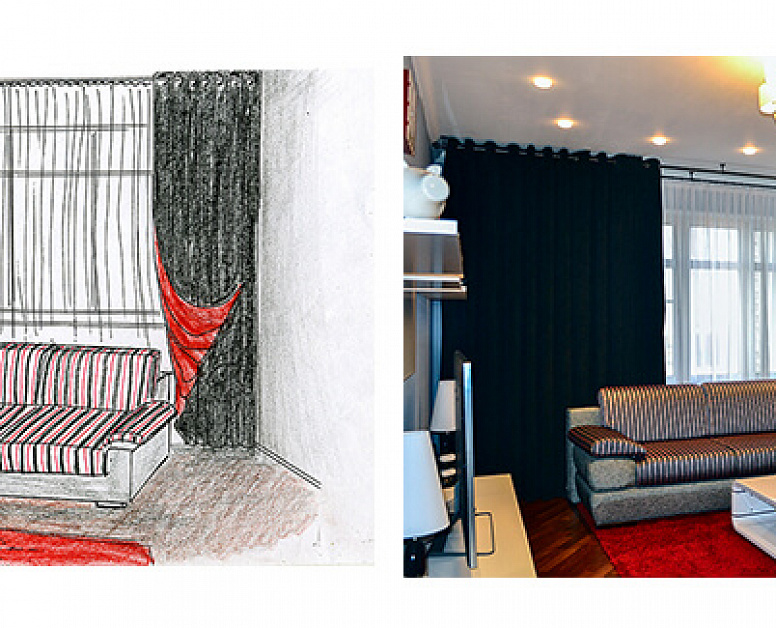 Эскиз двусторонних черно-красных штор в гостиную