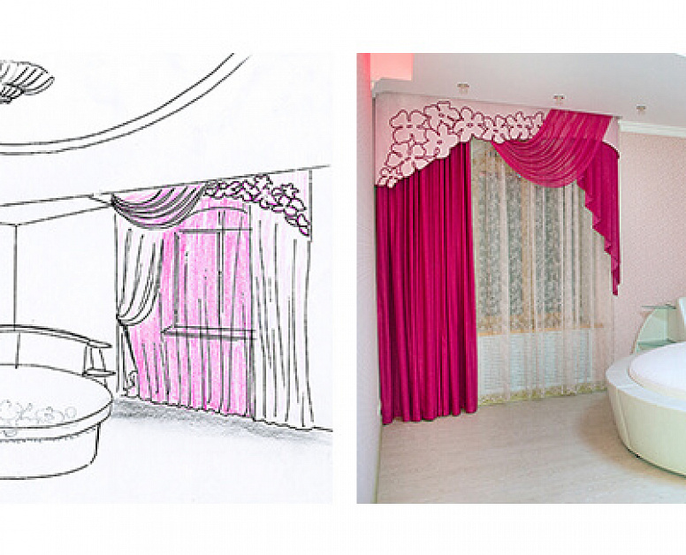 Эскиз розовых штор с ламбрекеном для спальни