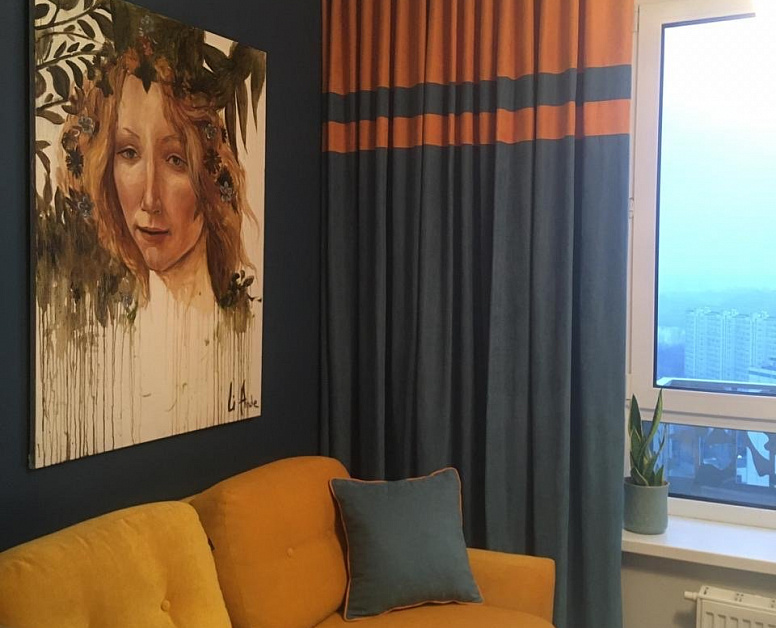 Оранжево-синие современные шторы для гостиной